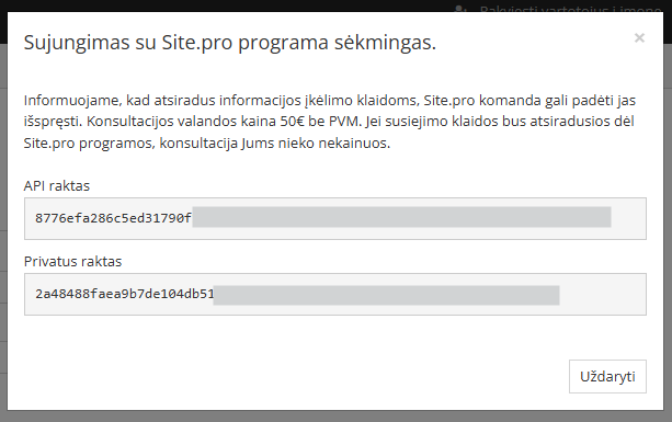 Privataus API rakto peržiūros langas integracijai